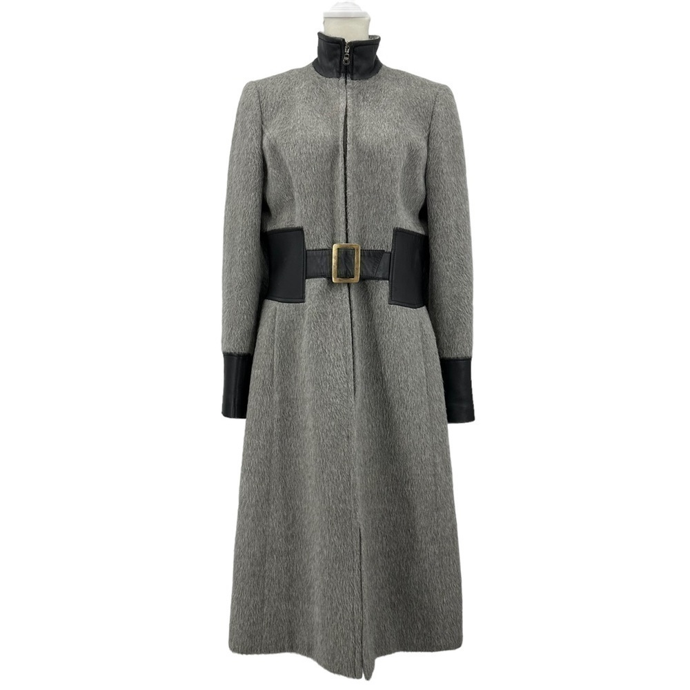 ANDEAN TRADITION Suri Alpaca Wool Leather Trimmed Coat Taupe & Black Size Medium